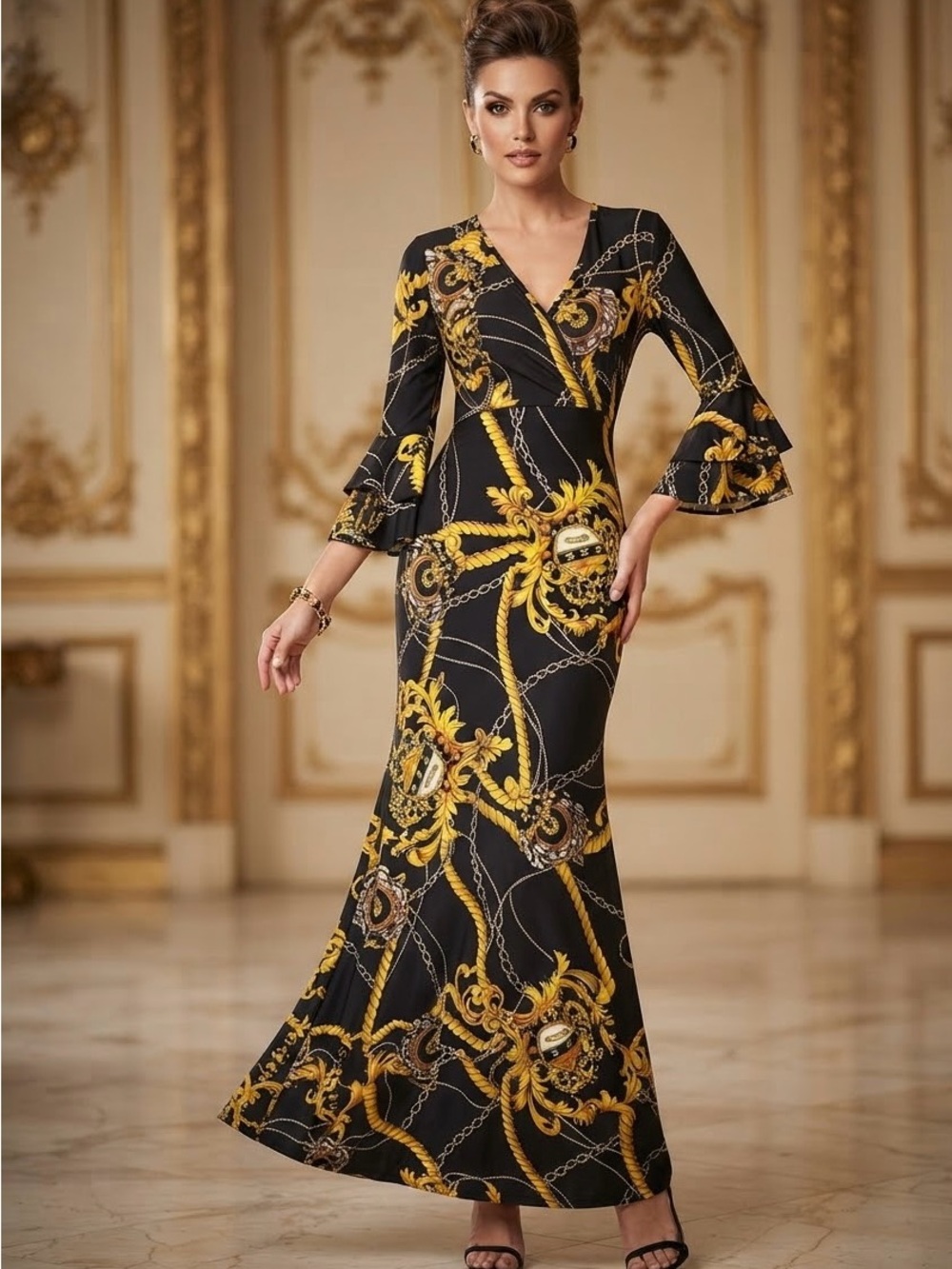 cameo Black Maxi Dress with Gold Chain Print